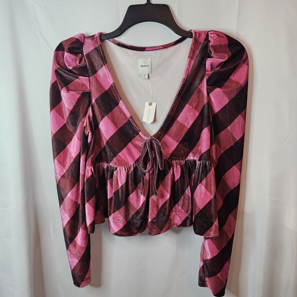 NWT Anthropologie Maeve Pink Buffalo Plaid Velvet Peplum Tie Front Blouse Sz M